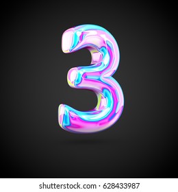 Glossy Holographic Number 3. 3D Render Of Holographic Font Isolated On Black Background.