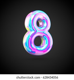 Glossy Holographic Number 8. 3D Render Of Holographic Font Isolated On Black Background.