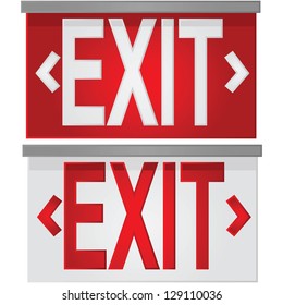 Glossy illustration showing a white exit sign over red, and a red exit sign over white