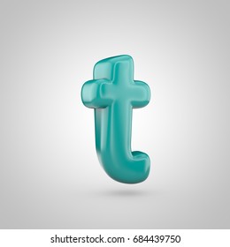 Glossy Marrs Green color alphabet letter T lowercase. 3D render of bubble twisted font with glint isolated on white background.