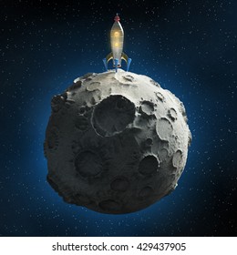 Glossy Metallic Vintage Rocket Landed On Surface Of The Moon. On Space With Stars Background. High Quality 3d Render