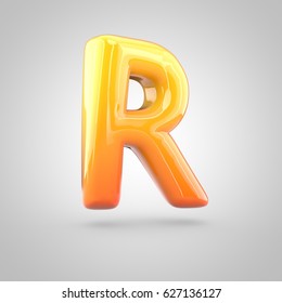 Glossy orange and yellow gradient paint alphabet letter R uppercase. 3D render of bubble twisted font with glint isolated on white background.