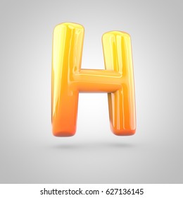 Glossy orange and yellow gradient paint alphabet letter H uppercase. 3D render of bubble twisted font with glint isolated on white background.