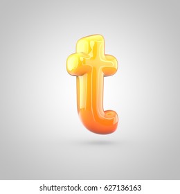 Glossy orange and yellow gradient paint alphabet letter T lowercase. 3D render of bubble twisted font with glint isolated on white background.