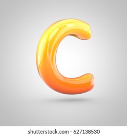 Glossy orange and yellow gradient paint alphabet letter C uppercase. 3D render of bubble twisted font with glint isolated on white background.