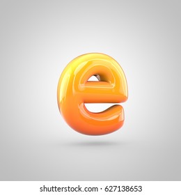 Glossy orange and yellow gradient paint alphabet letter E lowercase. 3D render of bubble twisted font with glint isolated on white background.