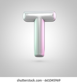 Glossy perl letter T uppercase. 3D render of bubble font with green with pink light reflections isolated on white background.