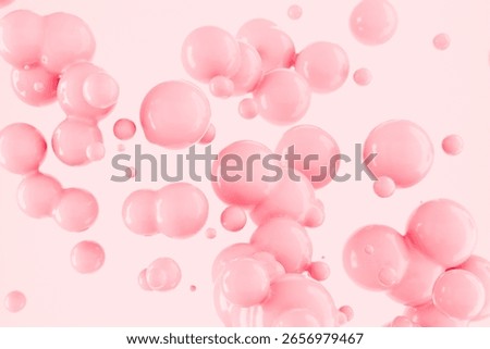 Glossy pink bubbles floating on a soft pastel background. Ideal for skincare, beauty, or cosmetic product concepts symbolizing softness, care, and freshness.