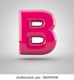 Glossy Pink Paint Letter B Uppercase. 3D Render Of Bubble Font With Glint Isolated On White Background.