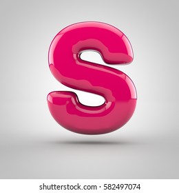 Glossy pink paint letter S uppercase. 3D render of bubble font with glint isolated on white background.