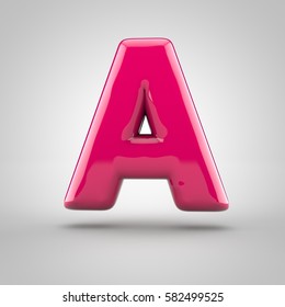 Glossy Pink Paint Letter A Uppercase. 3D Render Of Bubble Font With Glint Isolated On White Background.