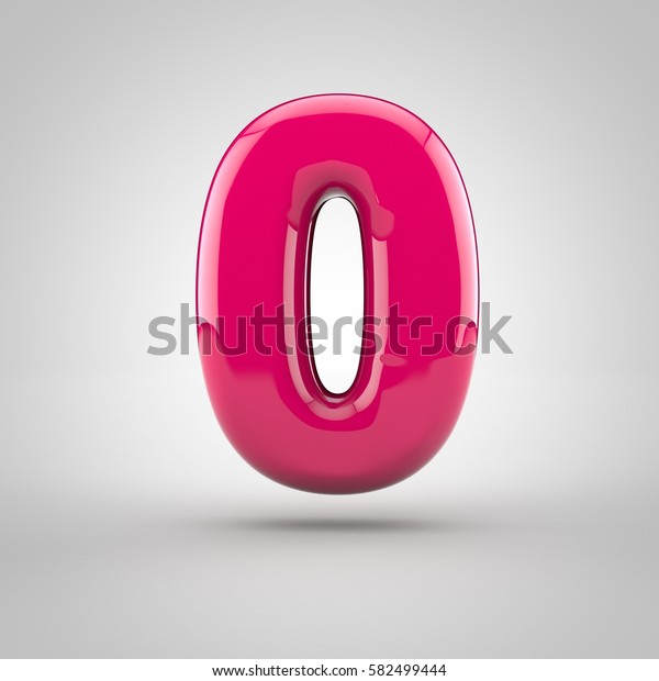 Glossy pink paint number 0. 3D\
render of bubble font with glint isolated on white\
background.
