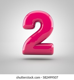 Glossy Pink Paint Number 2. 3D Render Of Bubble Font With Glint Isolated On White Background.