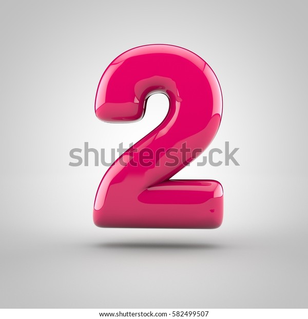 Glossy pink paint number 2. 3D
render of bubble font with glint isolated on white
background.