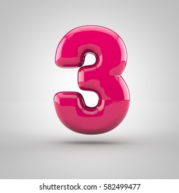 Glossy Pink Paint Number 3. 3D Render Of Bubble Font With Glint Isolated On White Background.