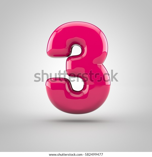Glossy pink paint number 3. 3D\
render of bubble font with glint isolated on white\
background.