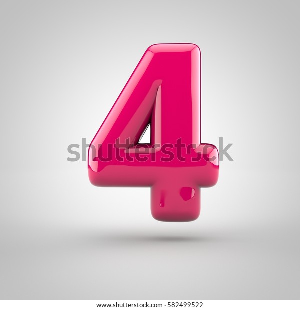 Glossy pink paint number 4. 3D\
render of bubble font with glint isolated on white\
background.