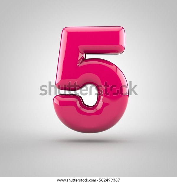Glossy pink paint number 5. 3D\
render of bubble font with glint isolated on white\
background.