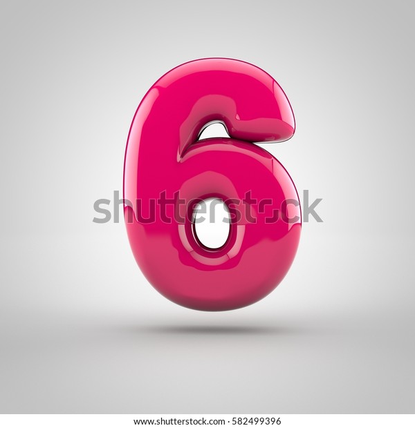 Glossy pink paint number 6. 3D
render of bubble font with glint isolated on white
background.