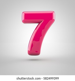 Glossy Pink Paint Number 7. 3D Render Of Bubble Font With Glint Isolated On White Background.