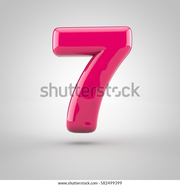Glossy pink paint number 7. 3D\
render of bubble font with glint isolated on white\
background.