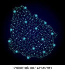 Glossy polygonal mesh map of Uruguay. Abstract mesh lines, triangles, light spots and points on dark background with map of Uruguay.