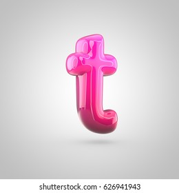 Glossy red and pink gradient paint alphabet letter T lowercase. 3D render of bubble twisted font with glint isolated on white background.