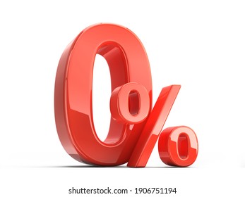 Glossy red zero percent sign isolated on white. Percentage, no commission, discount concept. 3d rendering