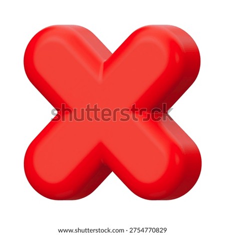 Glossy three dimensional red 'x' mark symbol with smooth rounded edges, isolated on a white background, signifying error, incorrectness, deletion, or cancellation, often used in user interfaces, digital designs, and warning contexts, providing a clear visual cue for disapproval or to close.