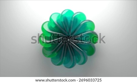 Glossy translucent petal like forms arranged in a circular, fluid composition with vibrant green to teal gradient hues. 3d rendering