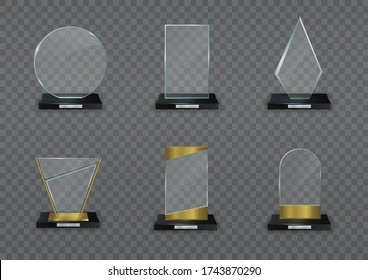 Glossy Transparent Prize For Award Illustration. Glass Shiny Trophy On A White Background. Crystal Glass Empty Trophy. Collection Of Modern Prizes. 