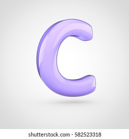 Glossy Violet Paint Letter C Uppercase. 3D Render Of Bubble Twisted Font With Glint Isolated On White Background.