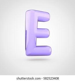 Glossy Violet Paint Letter E Uppercase. 3D Render Of Bubble Twisted Font With Glint Isolated On White Background.