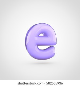 Glossy Violet Paint Letter E Lowercase. 3D Render Of Bubble Twisted Font With Glint Isolated On White Background.