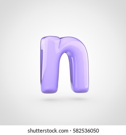 Glossy Violet Paint Letter N Lowercase. 3D Render Of Bubble Twisted Font With Glint Isolated On White Background.