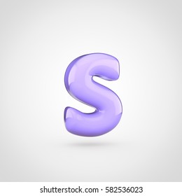 Glossy Violet Paint Letter S Lowercase. 3D Render Of Bubble Twisted Font With Glint Isolated On White Background.