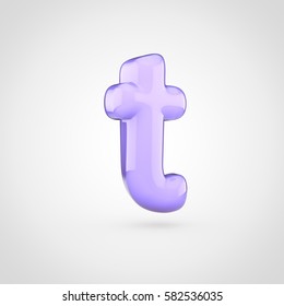 Glossy Violet Paint Letter T Lowercase. 3D Render Of Bubble Twisted Font With Glint Isolated On White Background.