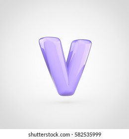 Glossy Violet Paint Letter V Lowercase. 3D Render Of Bubble Twisted Font With Glint Isolated On White Background.