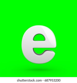 Glossy White Letter E Lowercase. 3D Render Font With Glint And Light Reflection Isolated On Green Screen.