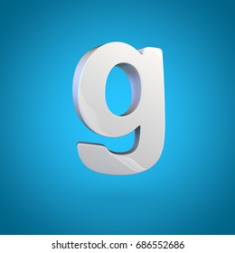 Glossy White Letter G Lowercase. 3D Render Font With Glint And Light Reflection Isolated On Blue Background.