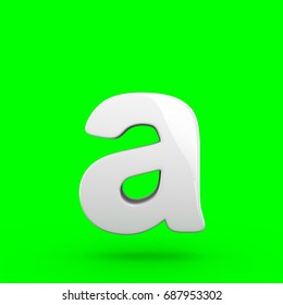 Glossy White Letter A Lowercase. 3D Render Font With Glint And Light Reflection Isolated On Green Screen.