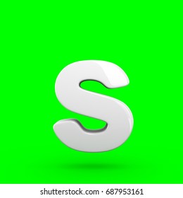 Glossy White Letter S Lowercase. 3D Render Font With Glint And Light Reflection Isolated On Green Screen.