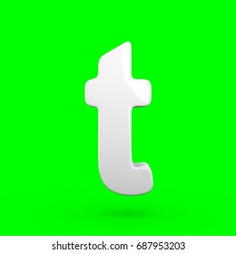 Glossy White Letter T Lowercase. 3D Render Font With Glint And Light Reflection Isolated On Green Screen.