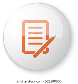 Glossy White Web Button With Orange Pen And Paper Icon On White Background