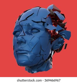 Glossy Woman Head Exploding Shuttered  - Headache, Mental Problems, Stress, Disaster  Concept Illustration. High Quality 3d Render, Isolated.