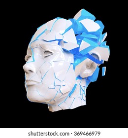 Glossy Woman Head Exploding Shuttered  - Headache, Mental Problems, Stress, Disaster  Concept Illustration. High Quality 3d Render, Isolated.