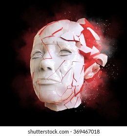 Glossy Woman Head Exploding Shuttered  - Headache, Mental Problems, Stress, Disaster  Concept Illustration. High Quality 3d Render, Isolated.