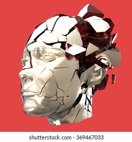 Glossy Woman Head Exploding Shuttered  - Headache, Mental Problems, Stress, Disaster  Concept Illustration. High Quality 3d Render, Isolated.