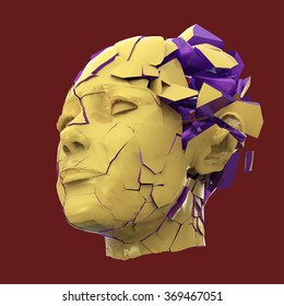 Glossy Woman Head Exploding Shuttered  - Headache, Mental Problems, Stress, Disaster  Concept Illustration. High Quality 3d Render, Isolated.