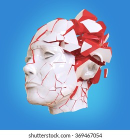 Glossy Woman Head Exploding Shuttered  - Headache, Mental Problems, Stress, Disaster  Concept Illustration. High Quality 3d Render, Isolated.